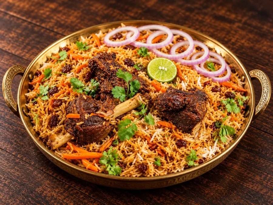 Kabuli mutton biryani with rice, herbs and lime