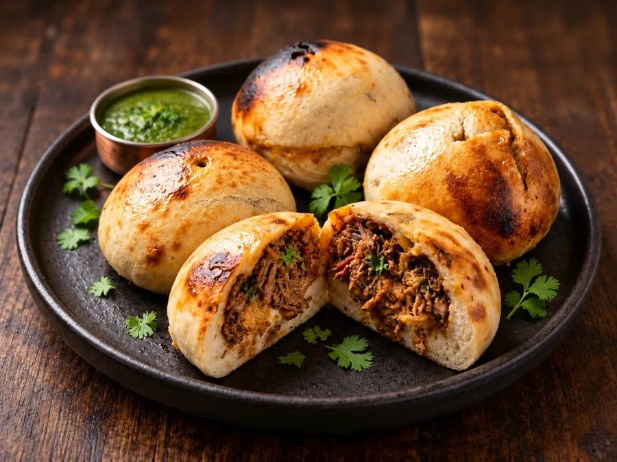 Golden mutton naan bombs on a dark platter, with one cut open to show the filling