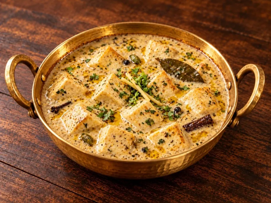 Paneer Yakhini Handi in a creamy yogurt broth with whole spices, served in a brass handi