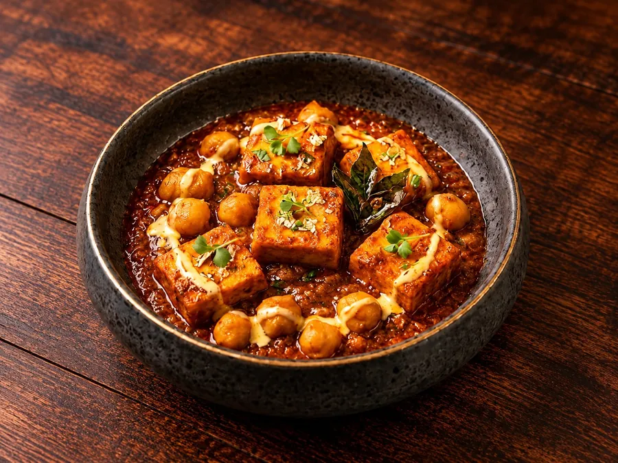 Peshawari Chole cooked in desi ghee, served in a dark bowl