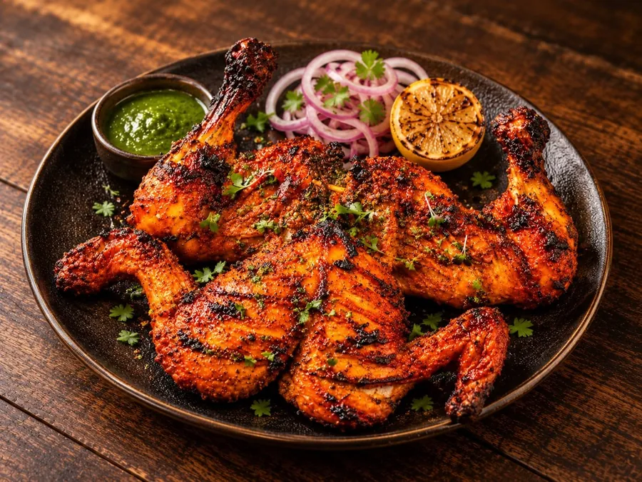 Tandoori chicken on a dark platter with green chutney, onion rings and grilled lemon