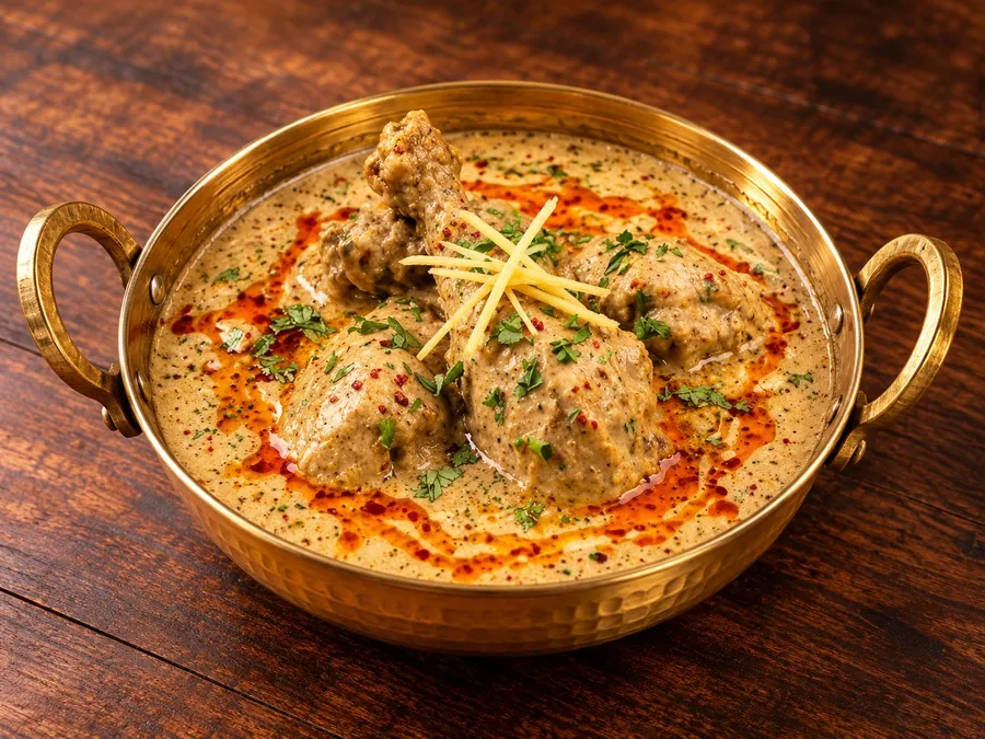 Yum Yum Chicken in a creamy yogurt, butter and desi ghee gravy, served in a brass bowl